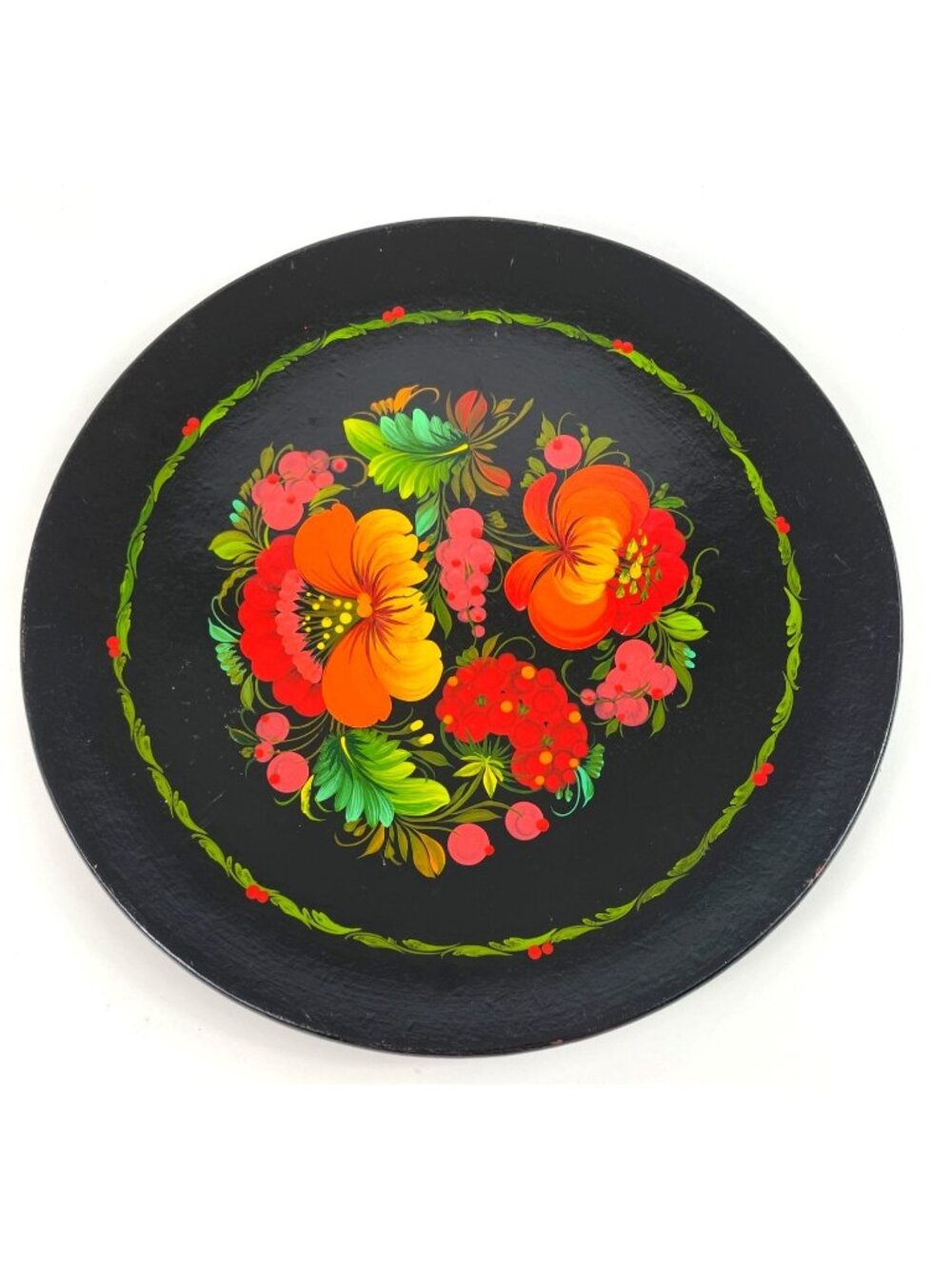 Russian Colorful Folk Art Hand Painted 11.75" Plate Lacquered Wood USSR